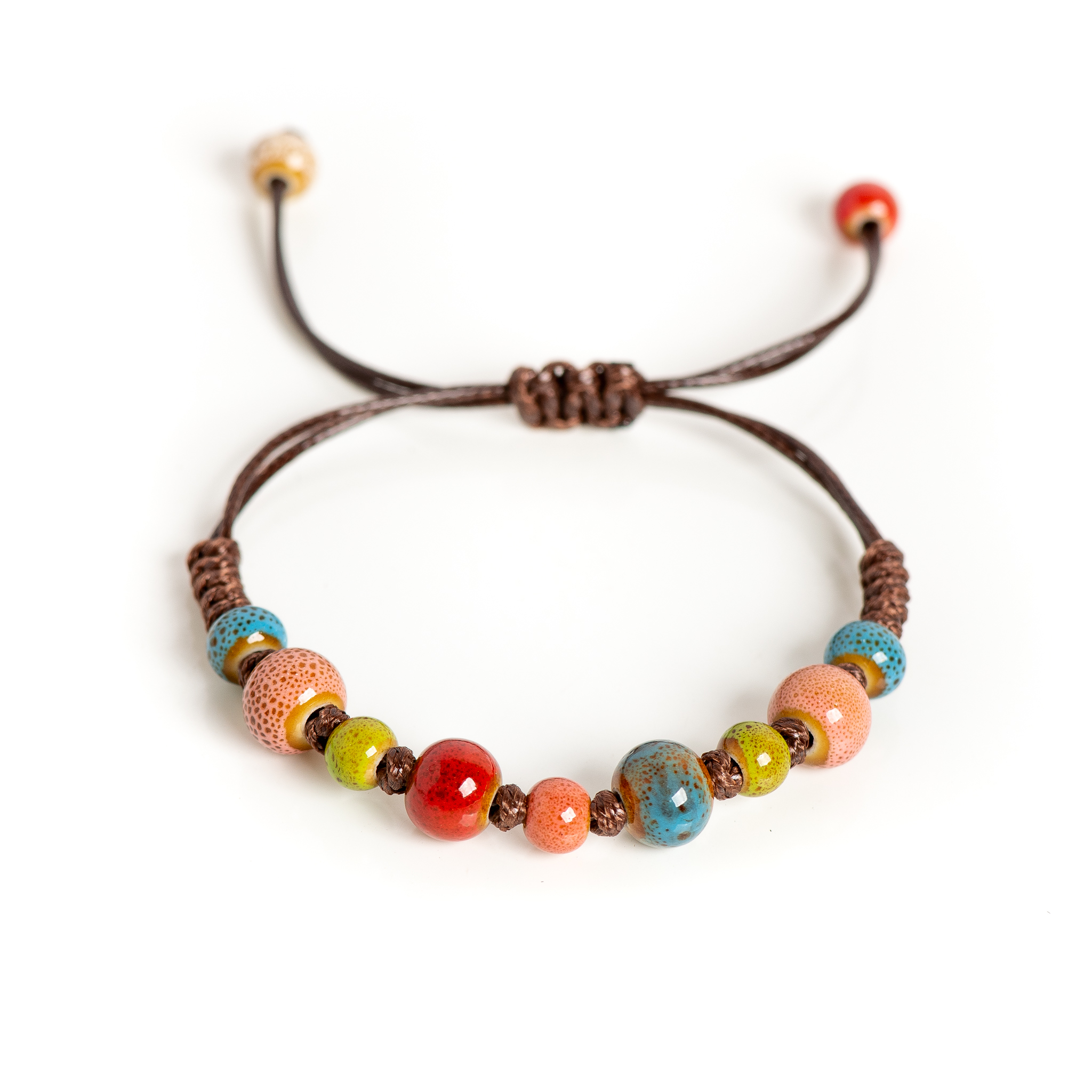 Bohemian Ceramic Bead Bracelet with Adjustable Cord 15-25cm for All Wrist Sizes: REDDISH BROWN