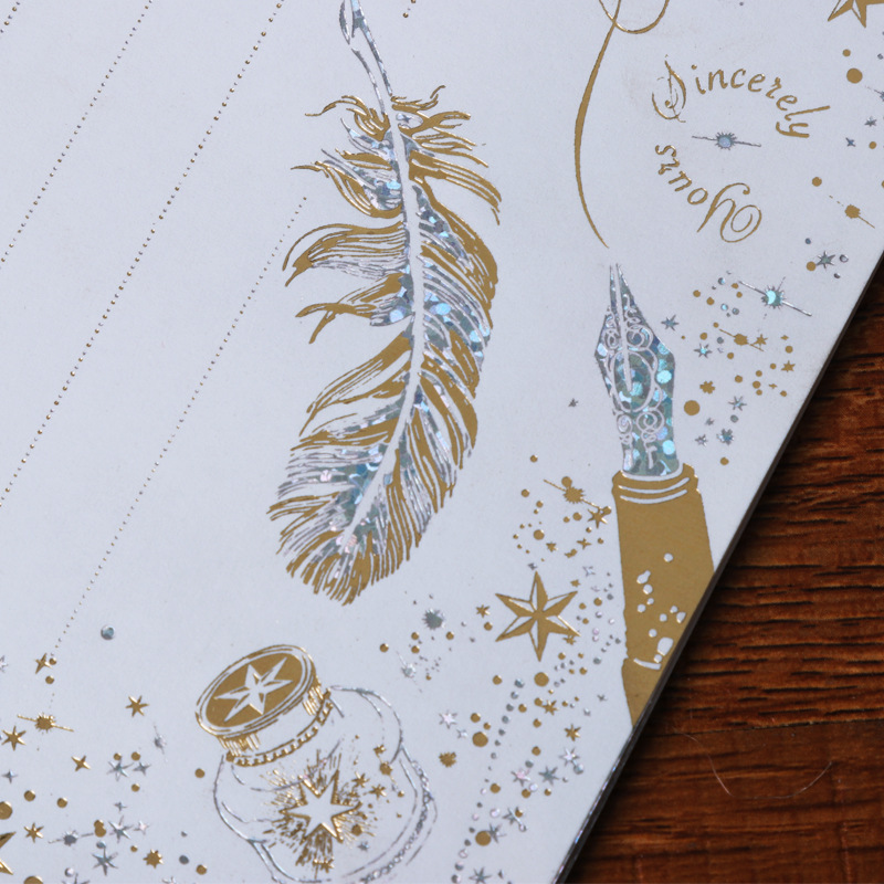 8PCS Gold Stamping Feather Writing Letter Paper High End Romantic Gilding Letter Pad Envelopes Sets Office Stationery