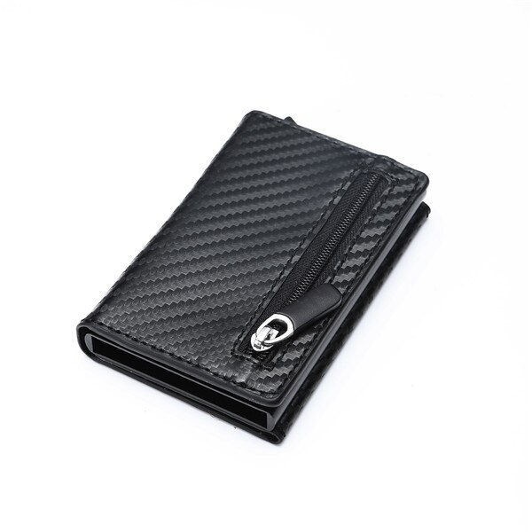 Cartera de cuero Pop Up funda de tarjeta imán de fibra de carbono monedero caja de aluminio Tarjeta de la cartera RFID hombres cartera titular de la tarjeta: carbon fibre Black