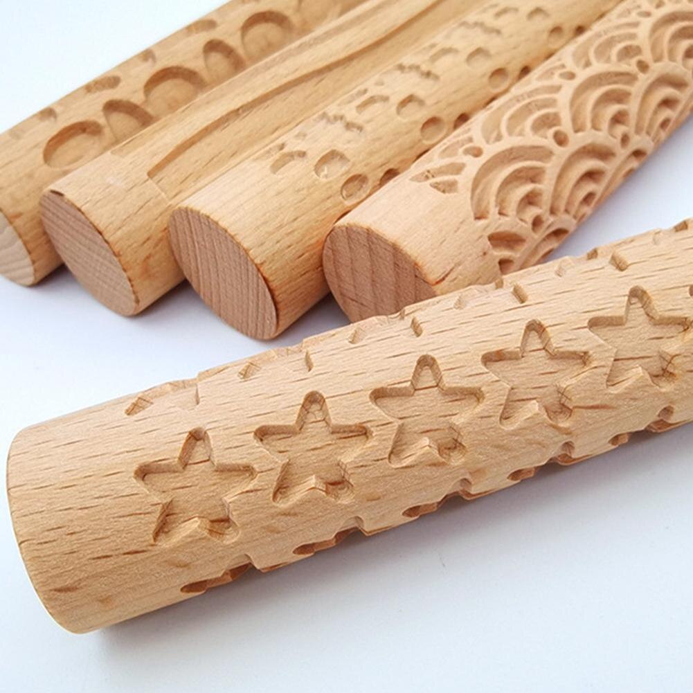 1Pc Houten Textuur Deegroller Keramische Aardewerk Art Reliëf Staaf Bloem Patroon Modder Roll Roll Reliëfs Klei Gereedschap Steen diy Bakken