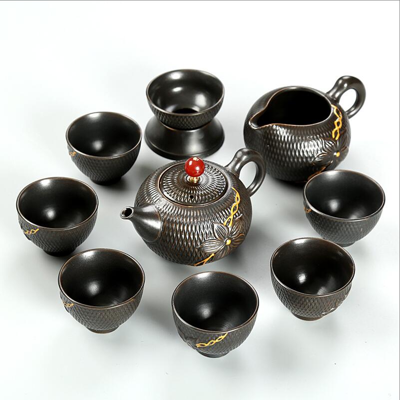 7pcs/10pcs lot Yixing tea set purple ceramic teapot wedding set of tea cups solid wood tea tray tea ceremony on