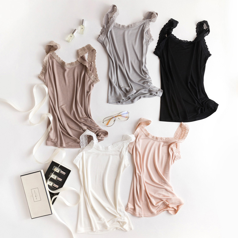 Women silk camis 50% Natural silk and lace camisoles Bottoming shirt Black White Pink TOP