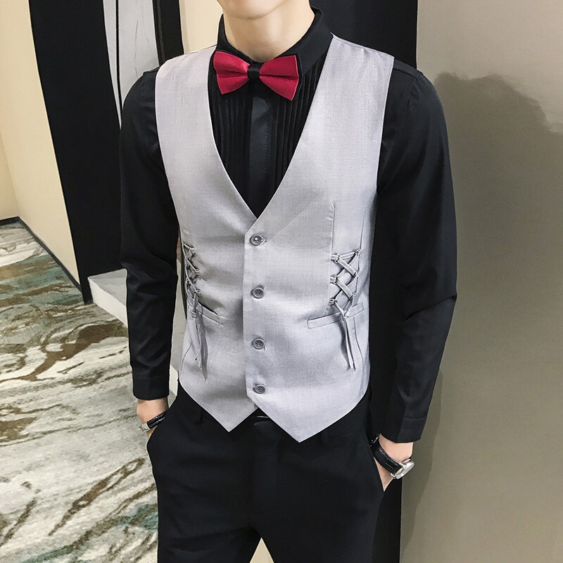 man dress vest Braided ribbon decoration slim suit vests men formal waist caot for men brief gilet: grey / Asian M(45-50kg)