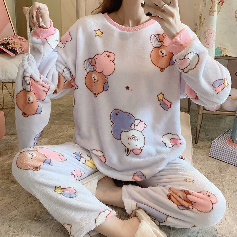 Xizou winter dames pyjama's dikke flanellen pyjama sets print dikke warme pyjama mujer meisje nachthemd lange broek nachtkleding
