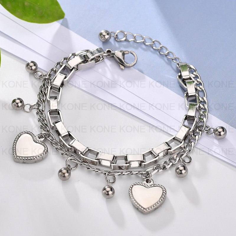 Uzone Rvs Dubbele Laag Kralen Hart Armbanden & Bangles Charm Link Armbanden Voor Vrouwen Liefde Gouden Ketting Sieraden