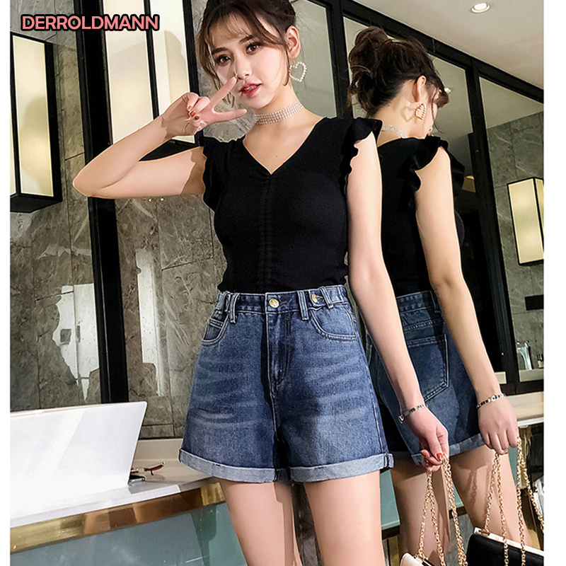 High Waist Ladies Jeans Sexy Short Pants Straight Denim Washed Cuffs Bleached Jeans Women Cotton Denim with Pocket