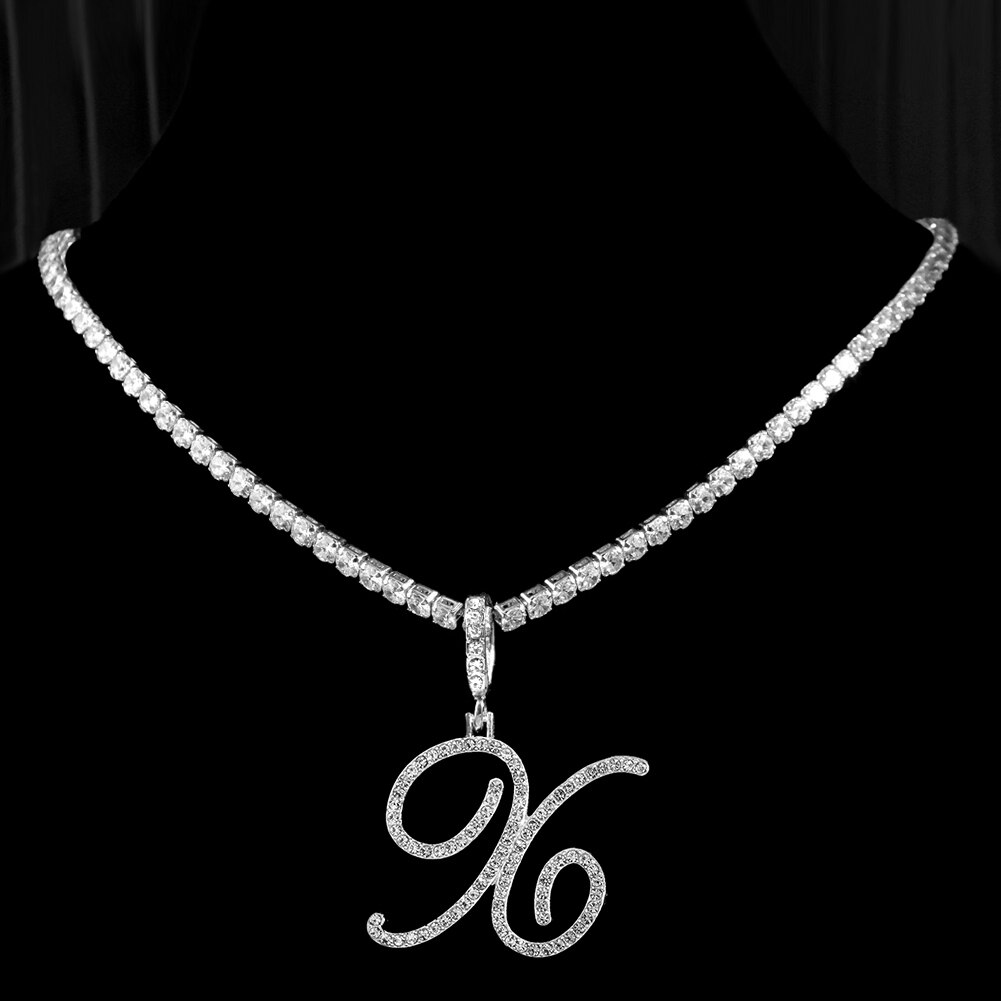 Cursive Letters Cubic Zirconia Chain Intial Name Necklace Hip Hop Jewelry Gold Silver Color CZ 26 Alphabet Pendant Necklaces