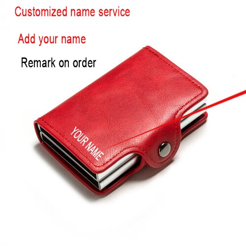 Rfid Blocking Bescherming Leather Wallet Id Credit Card Houder Met 2 Metalen Aluminium Business Bank Card Case Voor 14 Kaarten: Red (Name Service)