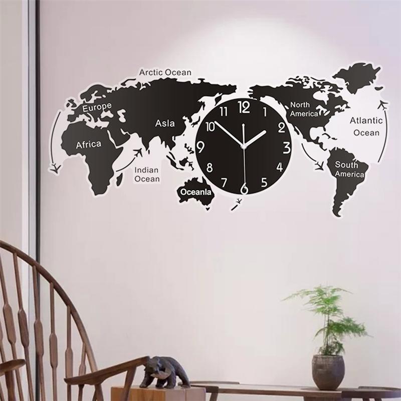 1PC Unique Acrylic Wall Clock World Map Wall Hanging Clock For Office Home Living Room Without Battery A2