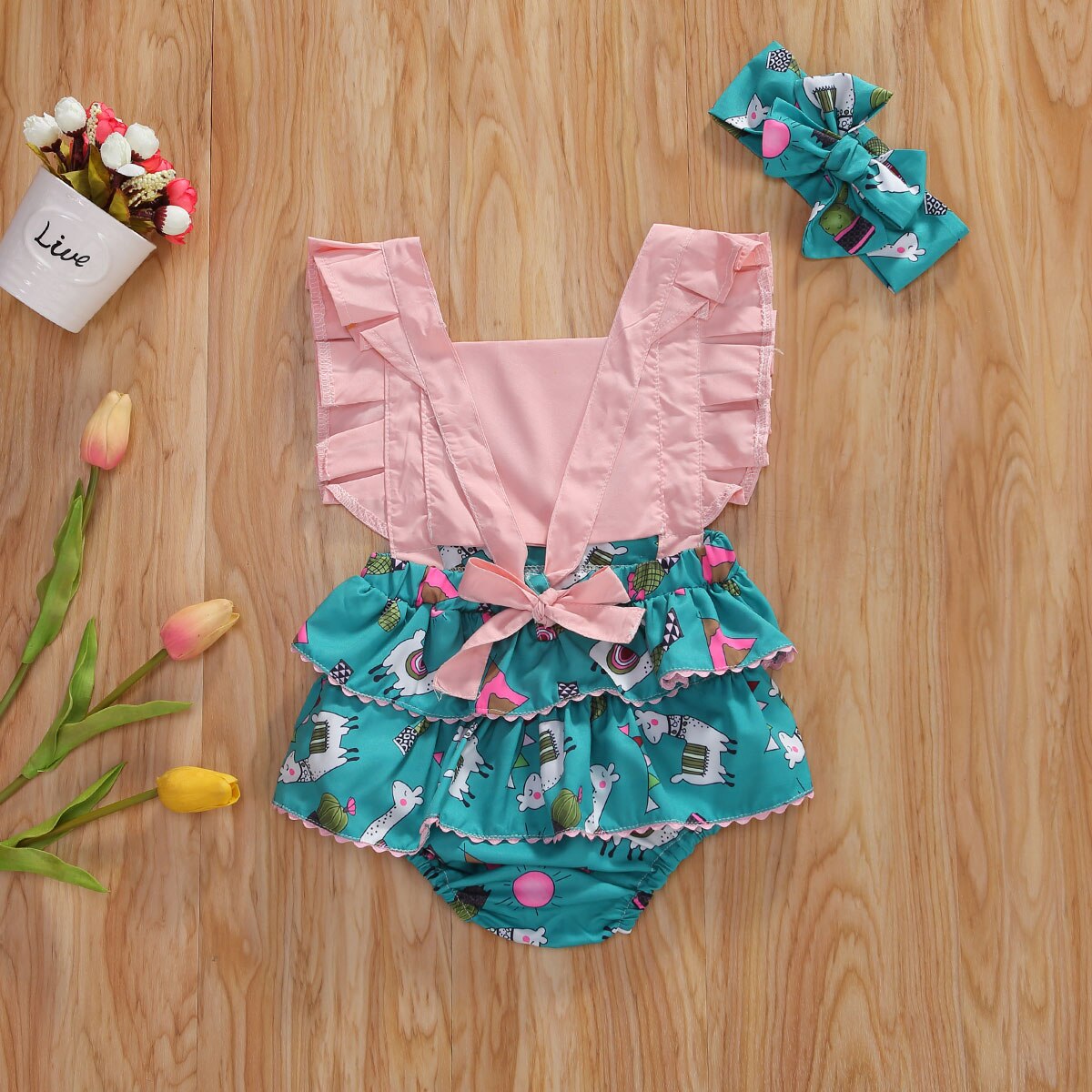 Verão infantil bebê meninas bodysuits bandana flores impressão babados manga curta macacões outfits