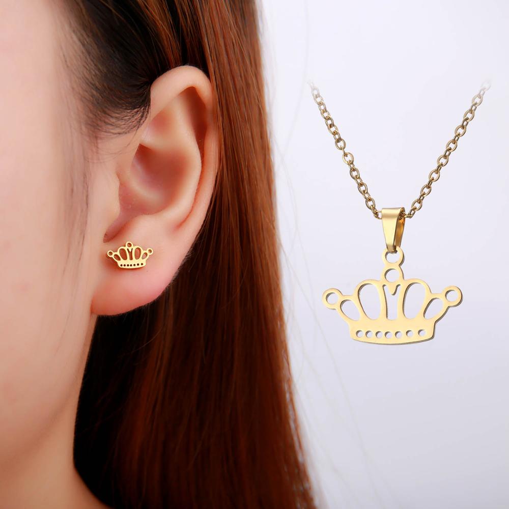 Rinhoo Goud Kleur Rvs Sets Voor Vrouwen Hart Kroon Liefde Cross Sterren Maan Ketting Oorbellen Set Bruid Bruiloft Sieraden