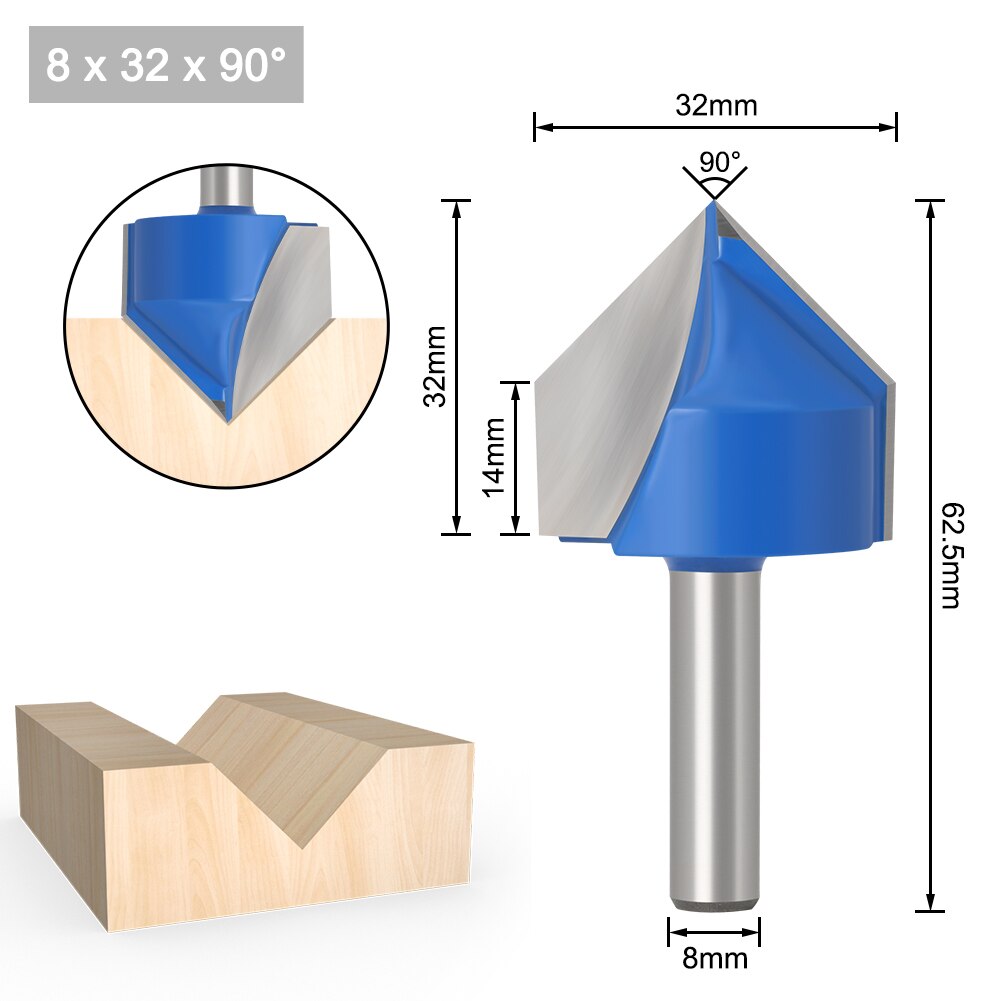 1pc 8mm Shank 90 Degree V Groove Template V-Groove V Grooving Router Bit cleaning flush trim corner round cove box bits tools: 8X32X90Degree