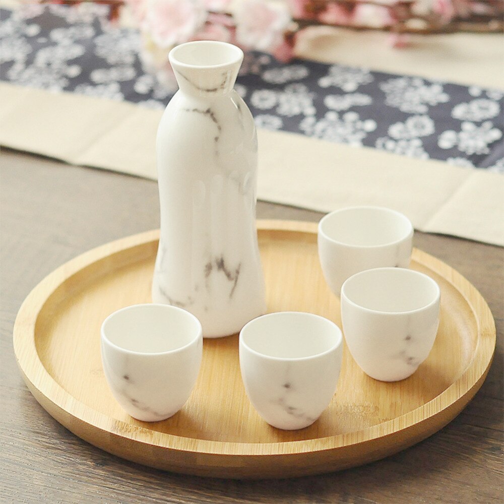 5 Piece Ceramic White Traditional Japanese Sake Set with Marble