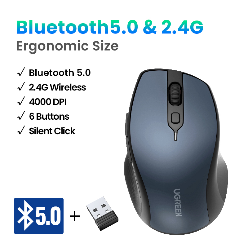 Mysz bezprzewodowa UGREEN mysz Bluetooth 5.0 ergonomiczna 4000 DPI cicha 6 przycisków dla tabletu MacBook mysz do laptopa cicha mysz 2.4G: Srebrny