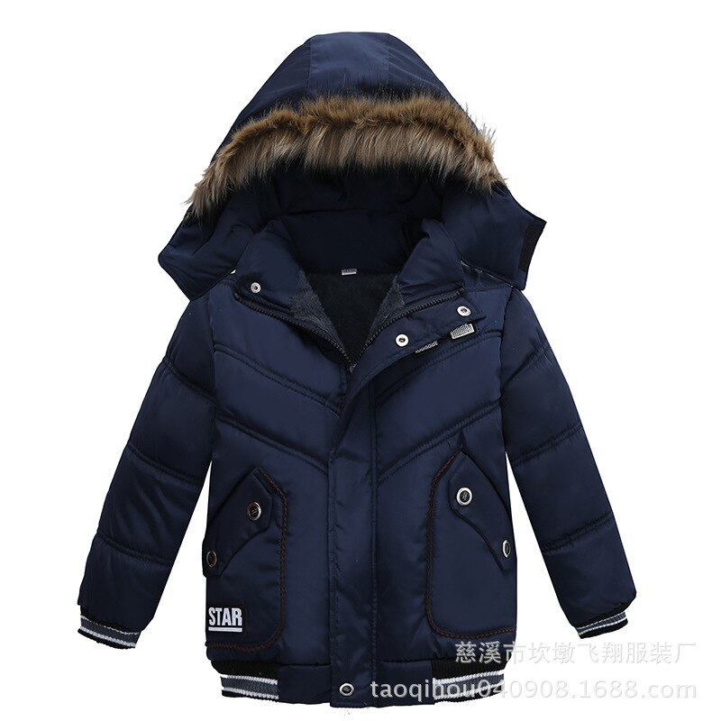 Thick Keeping Warm Winter Boys Jacket Fur collar Letter Hooded Windbreaker Outerwear For Kids Children Heavy Coats: JK143-Blue / 3T
