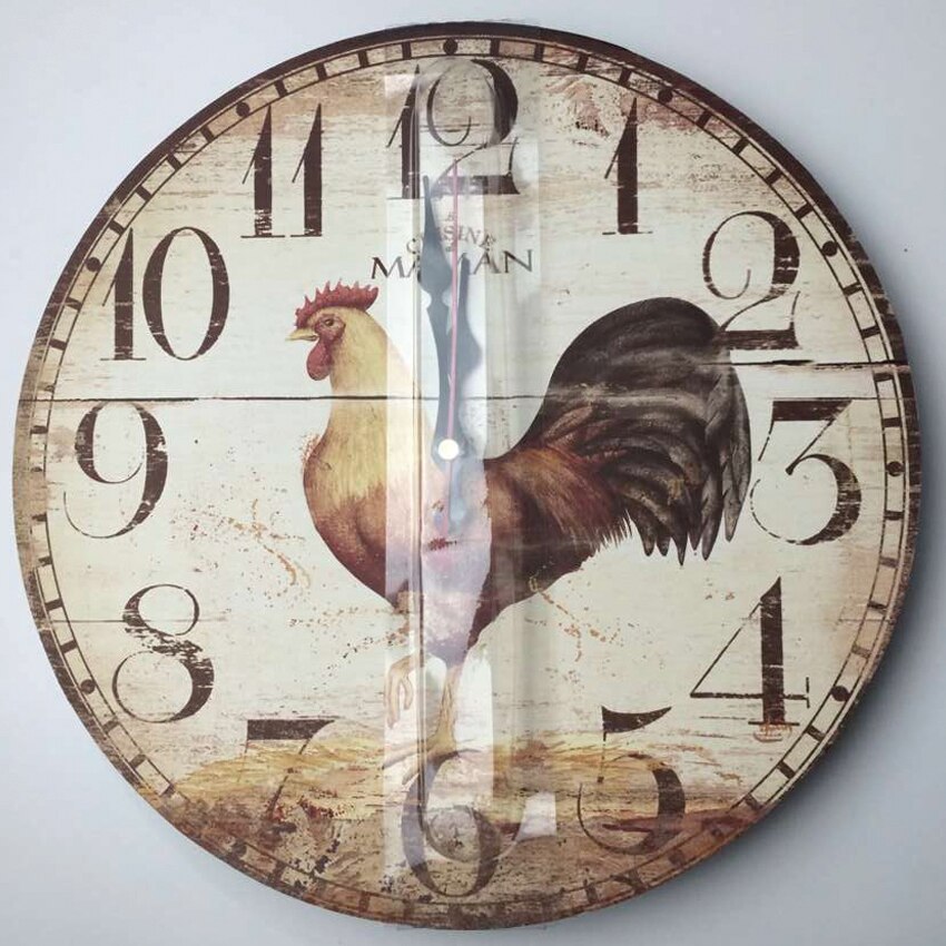 Wooden Wall Clock Cusine Maman Cock Clock Retro Vintage Large Clock Silent Quiet Rooster Non -Ticking Wall Clock Wood