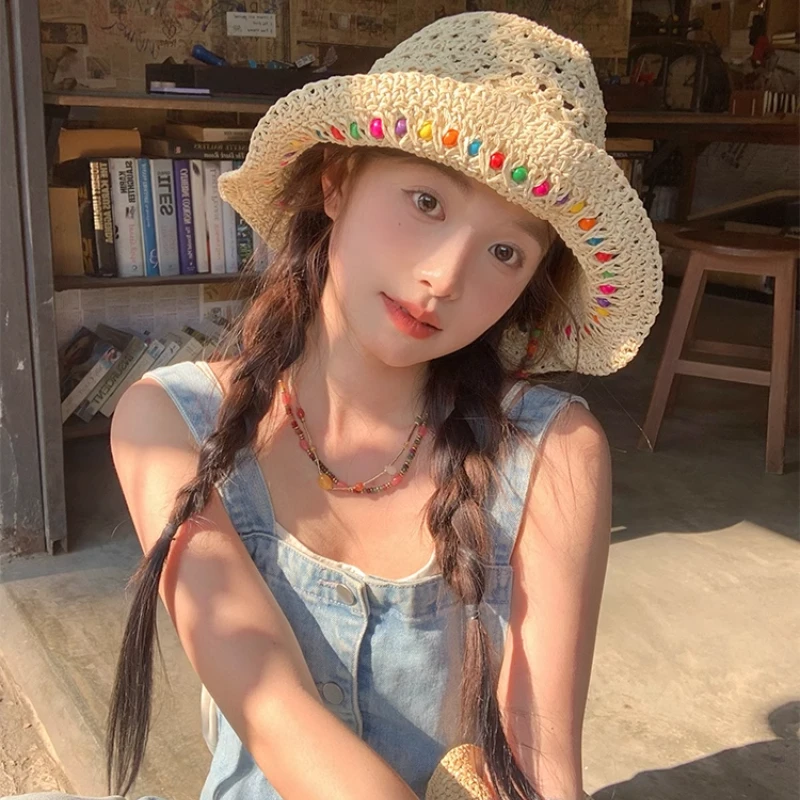 Retro gewebte Damen-Sonnencreme, Regenbogen-Kettenkappe, Sommer, japanischer Strohhut, schützend, atmungsaktiv, hohl, große Krempe, Strand-Sombrero