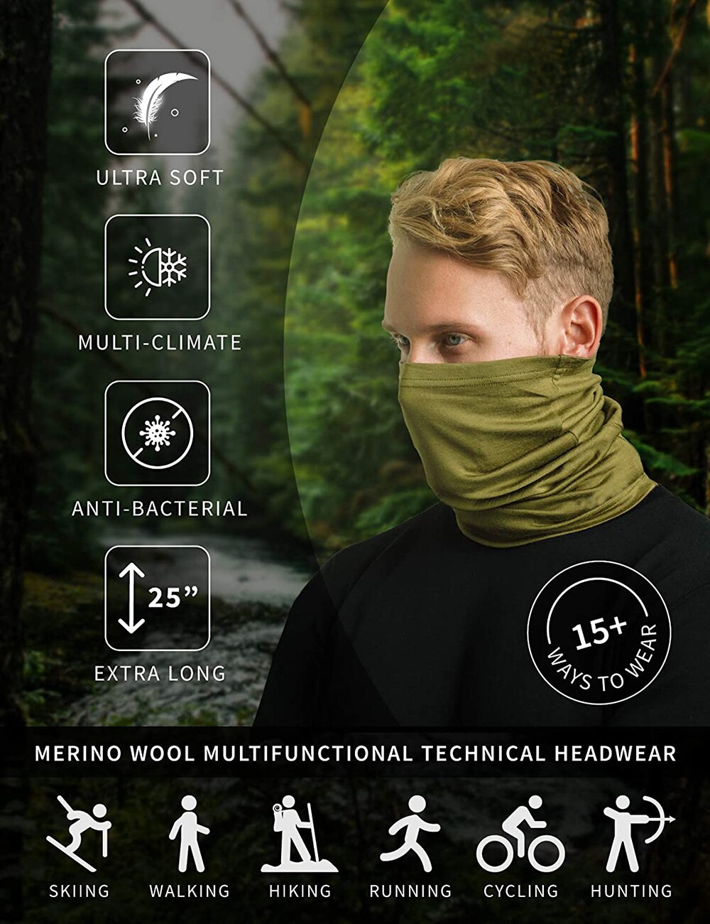 100% Merino Wool Neck Gaiter&amp; Bandana Women Men Merino Lightweight Ski Face Mask Neck Warmer Ring Wrap 1 Layer Warm Cover Scarf