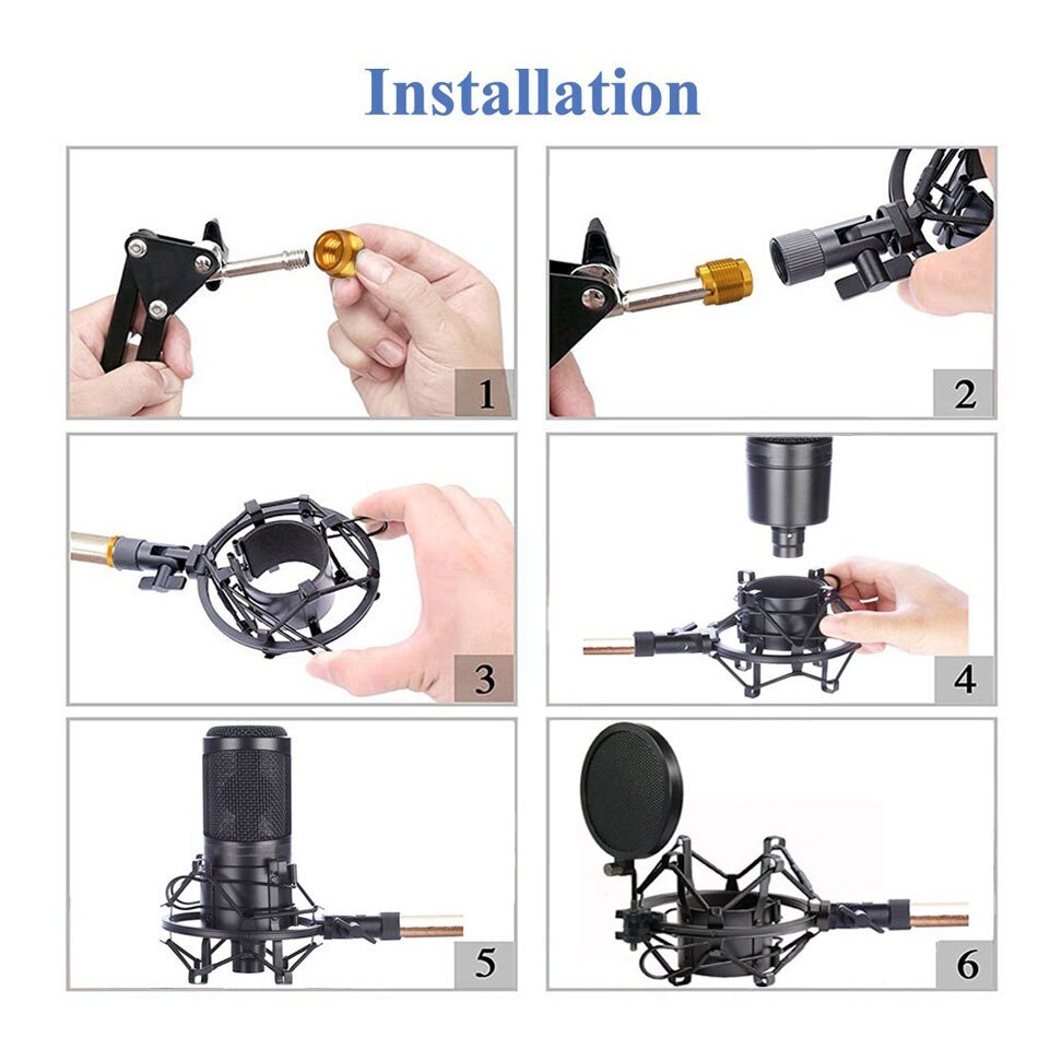 47-53mm Microphone Shock Mount Double Mesh Pop Filter & Screw Adapter Adjustable Anti Vibration Isolation Metal Mic Mount Holder