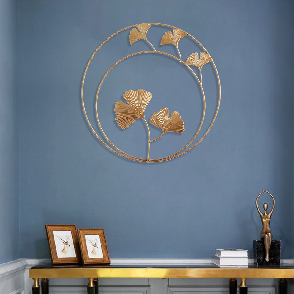 1PC Luxury Wrought Iron Wall Hanging Ornament Modern Style Gold Round Ginkgo Leaf Background Wall Decoration DIY Home Decor