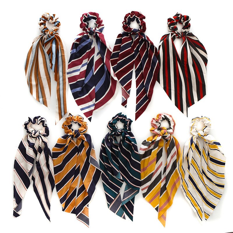 Coleta para mujer, pañuelo elástico largo, lazos para el pelo, cintas para el pelo, cinta para el pelo con estampado de rayas