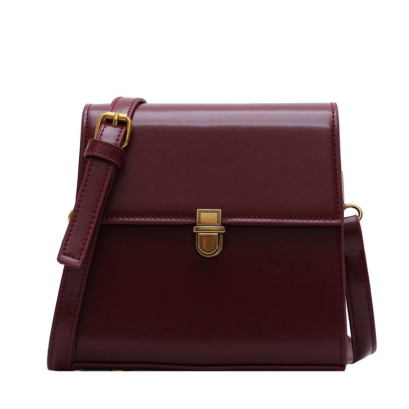 Style Women's Bag Lock Lock PU Leather Shoulder Bag Solid Color Single Shoulder Messenger Small Square Bag: wine red