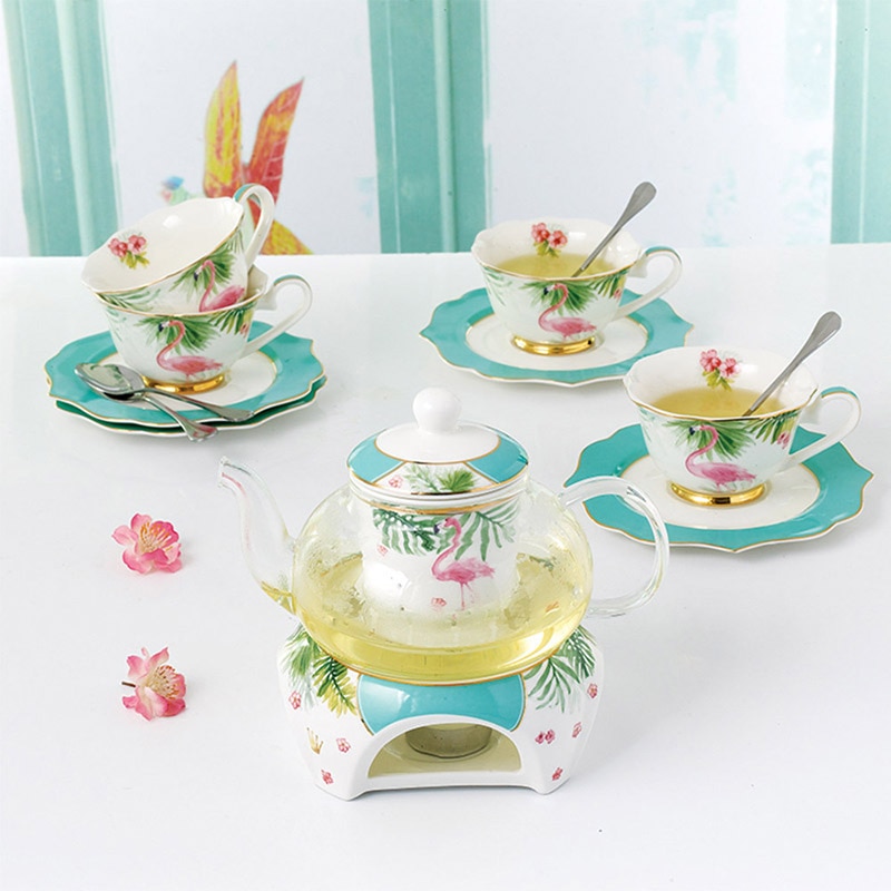 YeFine Ceramic 15 PCS Flower Tea Set British Afternoon Black Tea Set Heatable Glass Teapot Bone China Tea Cups And Saucers: D