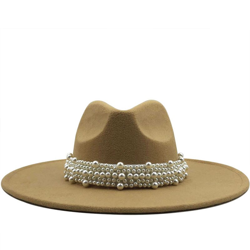 Chapéu feminino chapéu feminino pérola jazz igreja padrinho sombrero boné chapéu chapéu de feltro hawkins chapéu de feltro aba larga: Light Khaki