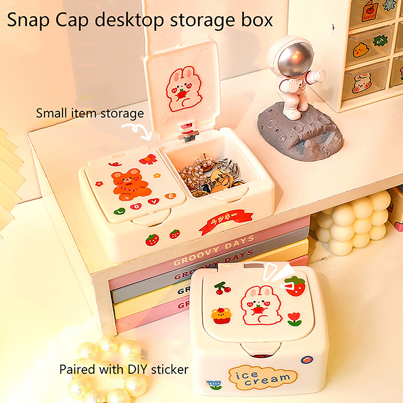 Imprensa Dos Desenhos Animados Kawaii-Open Desk Caixa Organizadora com Tampa, Cosméticos e Armazenamento de Maquiagem, Mini Recipiente De Jóias, Botão Recipiente