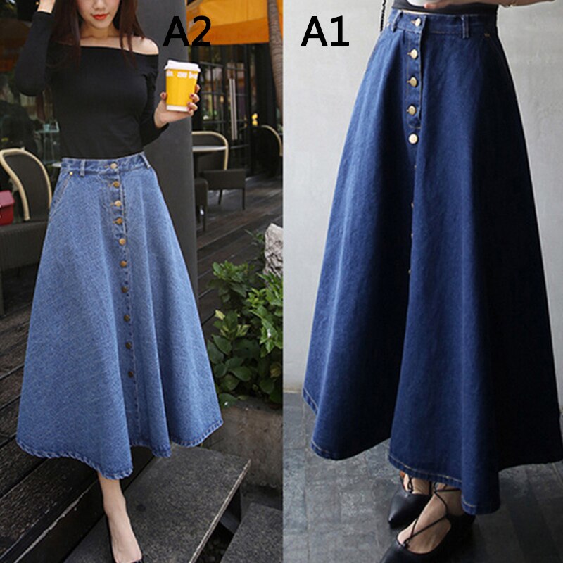 Jeansrok hoge taille dames knoopjes geplooide denim rokken lang casual