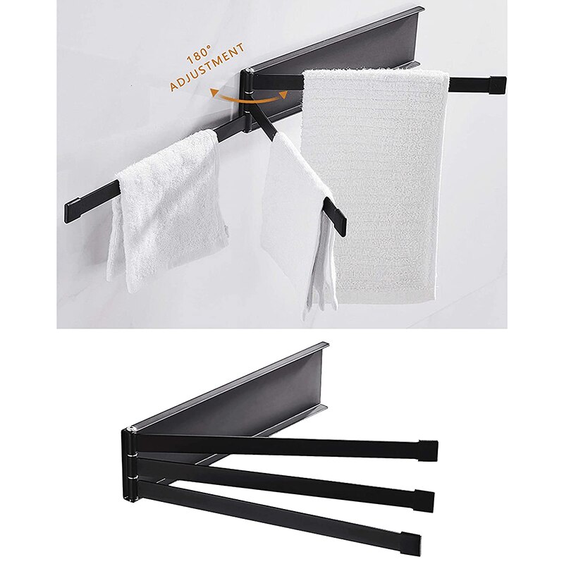 Porte-serviettes pivotant noir mat, barre porte-serviettes murale pivotante à 3- bras pour rangement de salle de bain et cuisine