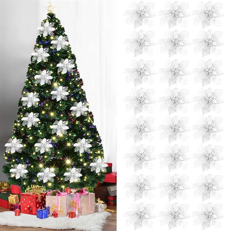 24 Stks/set Kerst Bloemen Ornament Mode Glitter Faux Xmas Bloem Feestartikelen Kerstboom Decor Accessoires: 6