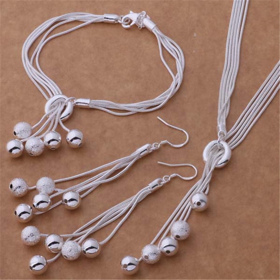 Charm 925 Sterling Zilveren Armbanden Ketting Oorbel Sieraden Set Voor Vrouwen Party Meisje Student Kwasten Opknoping Kralen
