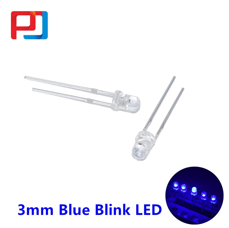 100 st 3mm led-dioder blinkar blinkande vit/röd/blå/grön/gul/orange blinkande 2- stift klara intermitente emitterande dioder  f3: 3mm- blåblinkande