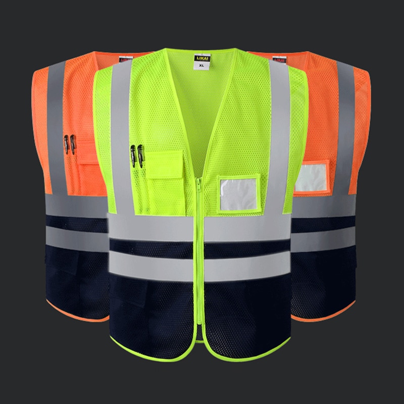 High visibility vests reflective safety tops for women men unisex construction worker builder two tone yellow black orange black