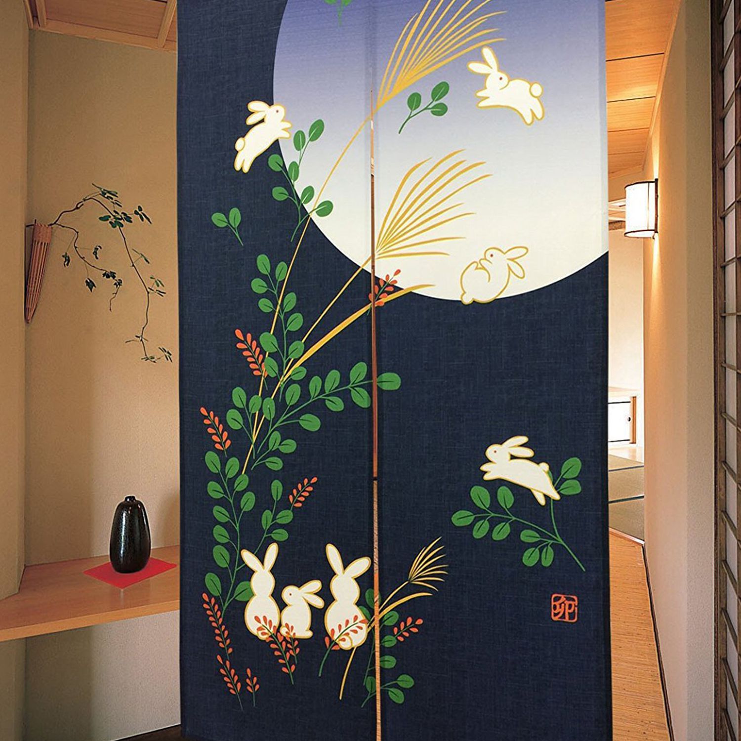 Ayhf-japansk døråbningsgardin noren kanin under månen til boligindretning 85 x 150cm