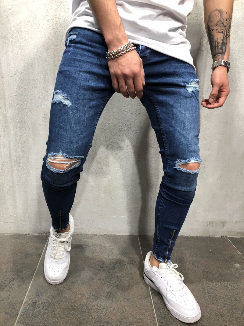 Men blue Knee Ripped Skinny Jeans Streetwear distressed Destroyed Slim Elastic cowboy Hip-hop Hole Joggers Denim pants