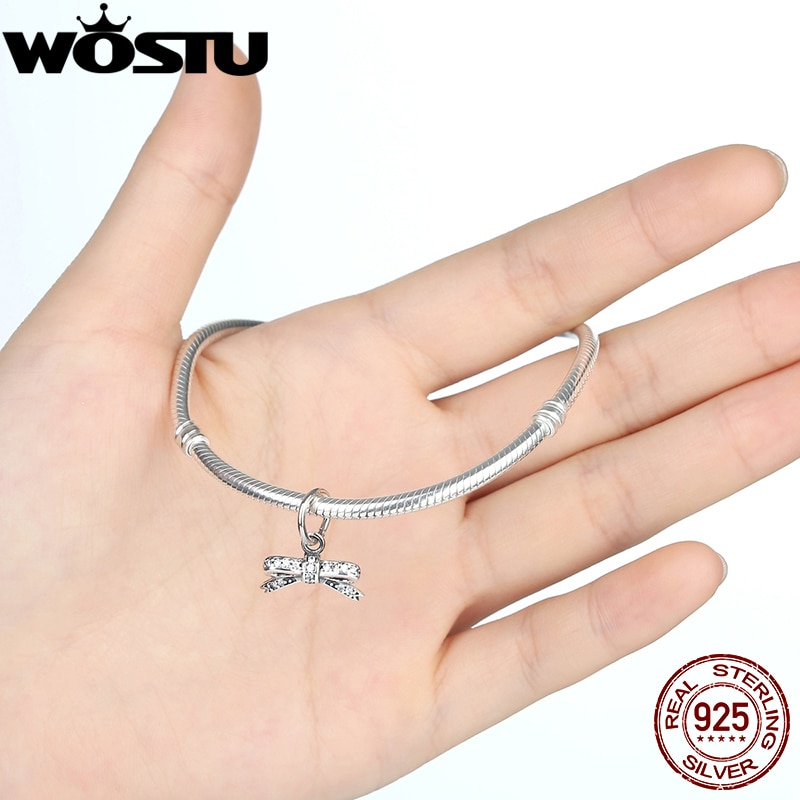 100% 925 Sterling Silver Sparkling Bow Knot Pendant Charm Fit Original Bracelet Pendant Authentic Women Jewelry C775