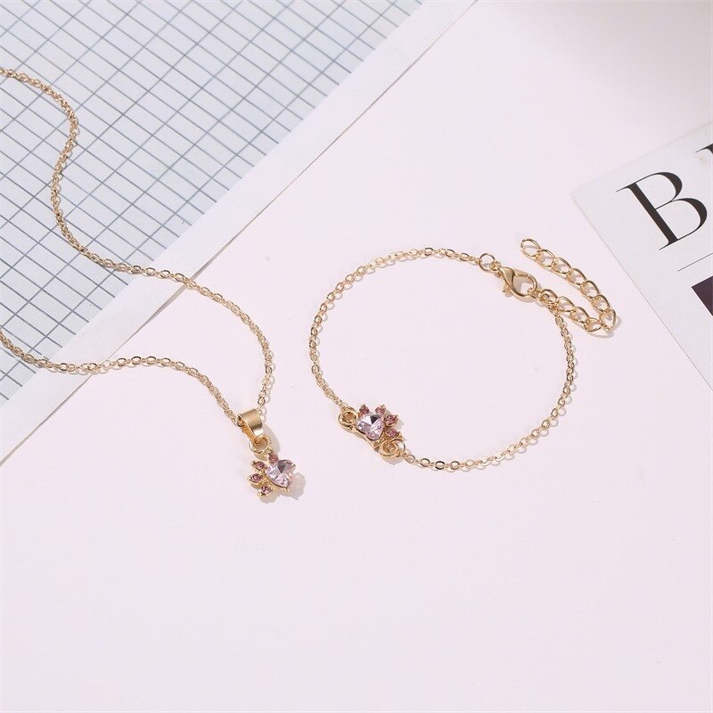 Niedliche Weibliche Rosa Kristall Schmuck-einstellen Charme Ring Gold Farbe Zucht Ohrring Für Frauen zierlich Katze Pfote Armbinde Hochzeit Kette halskette