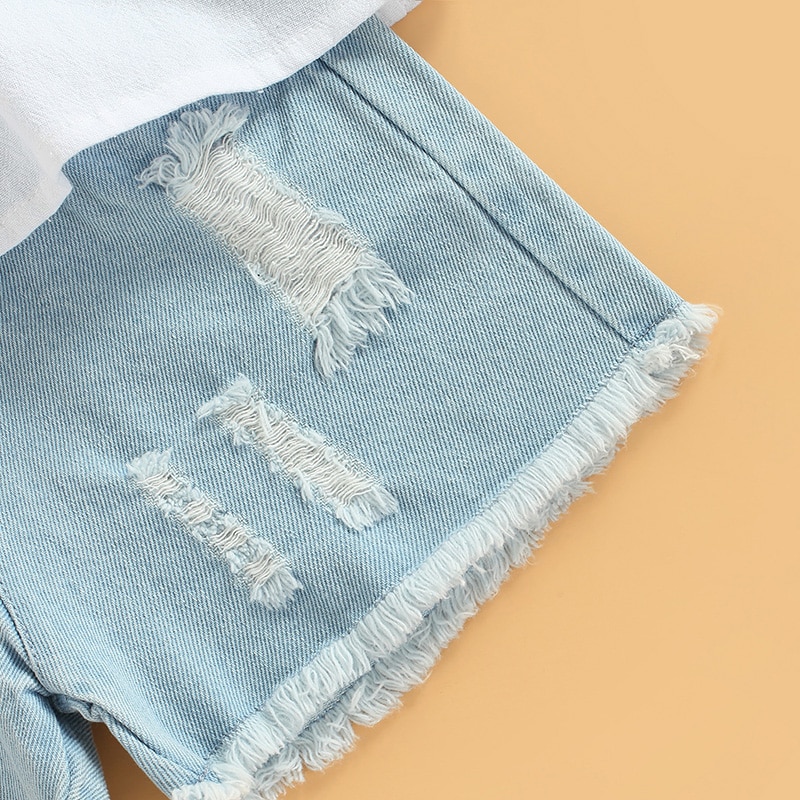 1-6Y Fashion Toddler Baby Girls Summer Clothes Sets Solid Sleeveless Ruffle Tops Ripped Denim Shorts 2pcs Kid Outfit