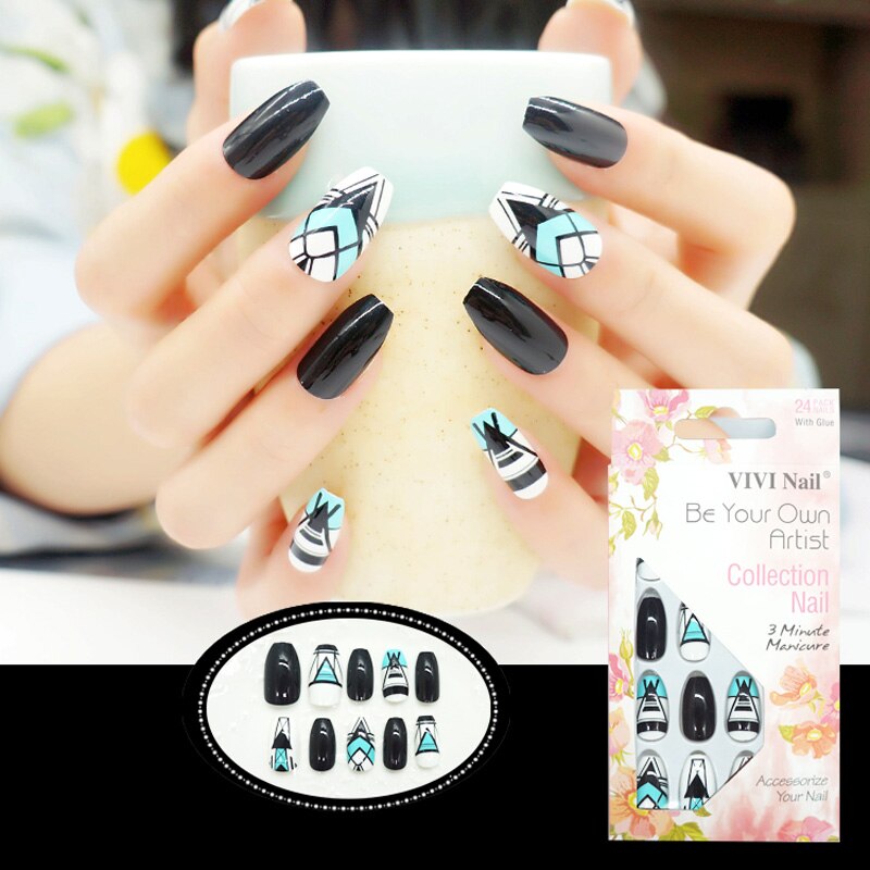 24 stks/set Zwart met Streep Nep Nagels DIY Volledige Cover Nail Art Tips Manicure Druk op Kunstmatige Ballerina Valse nail