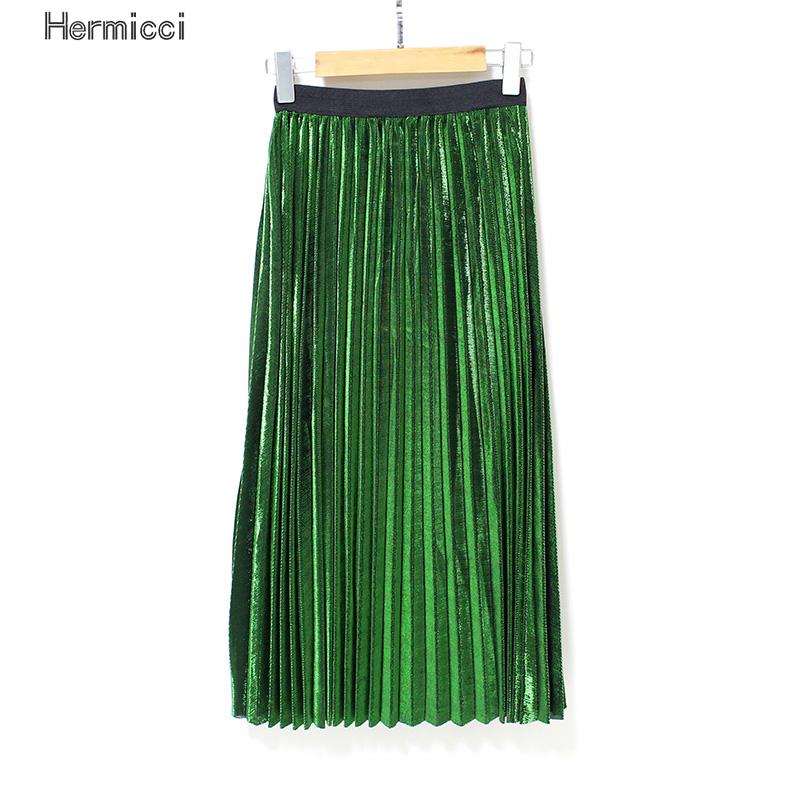 Filles plissé métal brillant argent jupe femmes décontracté Vintage mi-long a-ligne métallique daim jupes femme automne/hiver jupes