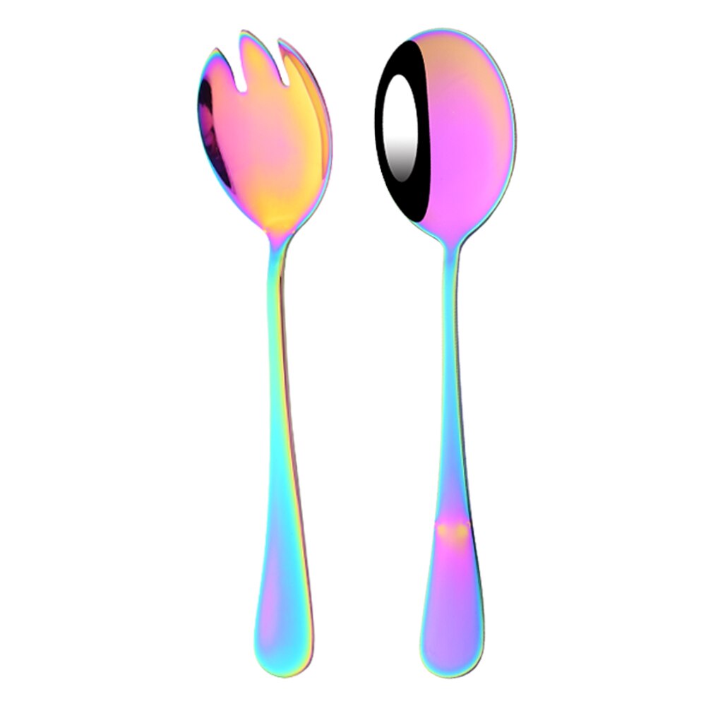 Black 2PCS Salad Spoon Fork Dinnerware Stainless Steel Tableware Cutlery Set Serving Spoon Set Colorful Unique Spoon Flatware: Rainbow