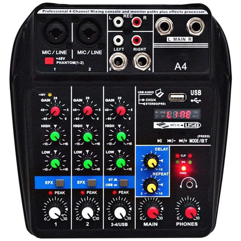 Eu Plug A4 Sound Mixing Console Bluetooth Usb Record Computer Playback 48V Phantom Power Delay Repaeat Effect 4 Channels Usb Aud