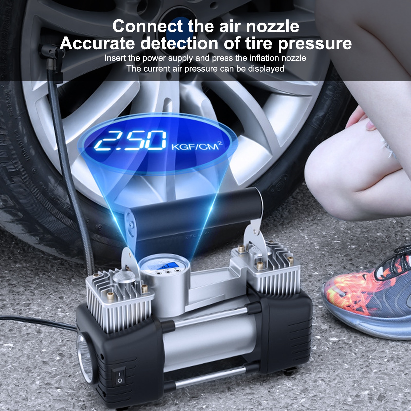 12V Zware Dubbele Cilinder Elektrische Draagbare Inflator Draagbare Luchtcompressor Led Met Digitale Display