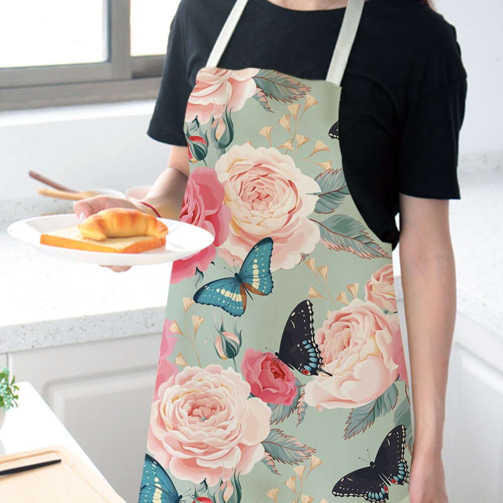 Karikatur Schmetterling Schürze Gedruckt Küche Schürzen für Frauen Baumwolle Leinen Hause Kochen Backen Taille Lätzchen Schürze Reinigung Werkzeuge