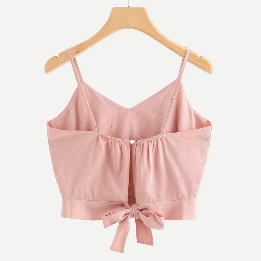 Camiseta sin mangas con cuentas de perlas para mujer, chaleco con correa de pajarita, Tops de gasa, camisetas lisas con cuentas de perlas
