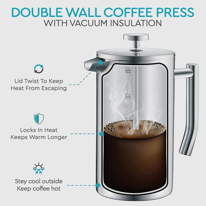Stainless Steel French Press Coffee Maker 1L Double Wall Coffee Press ,And Easy Press, Coffee Press
