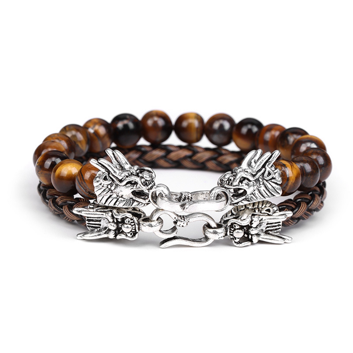 Heren Paar Lederen Edelsteen Kralen Armbanden Dragon Clasp Angst Stress Verlichting Healing Chakra 8Mm Ronde Kralen Set Sieraden: Imitation Rhodium Plated