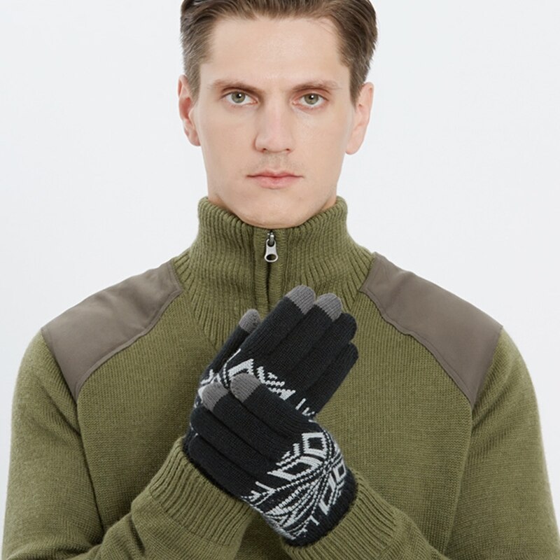 Homem inverno tela de toque floco de neve malha luvas quentes forro de pelúcia macio elástico manguito anti-deslizamento silicone ciclismo luvas